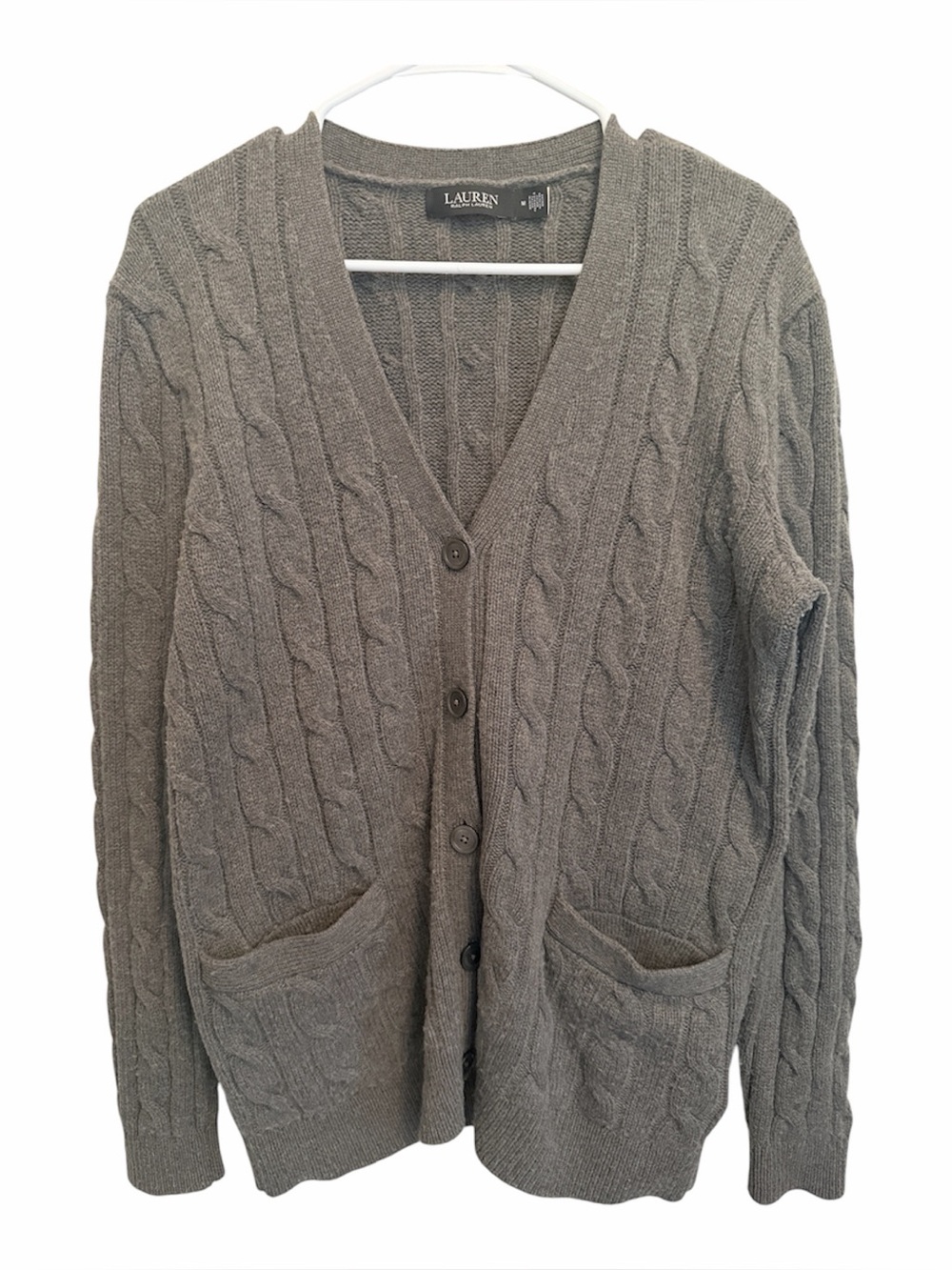 Ralph Lauren Women’s Heather Gray Cable-Knit V-Neck Cardigan. Size Medium